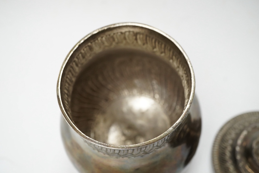 An 18th century French white metal baluster pot and cover, indistinct marks, height 16cm, 10.8oz. Condition - fair